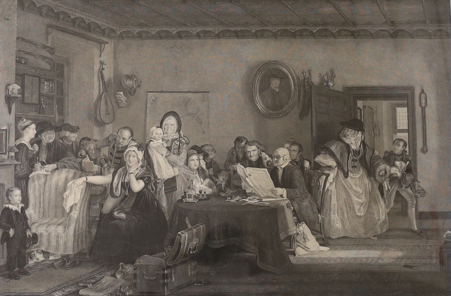 Couzens after Ward, mezzotint, 18th century romantic interior scene, 57 x 72cm and Burnet after Wilkie, engraving, 'Reading the news', 40 x 60cm